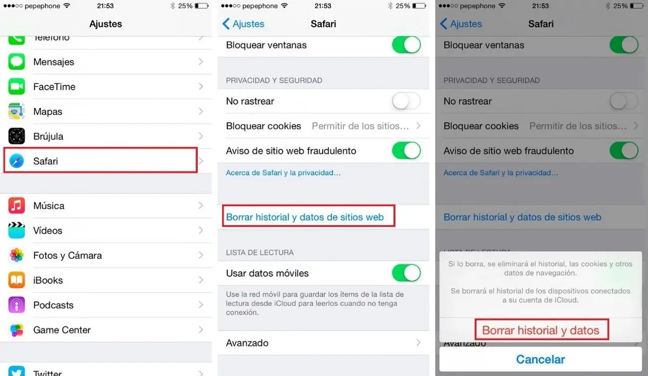 imagen resumen de iphone para borrar cookies