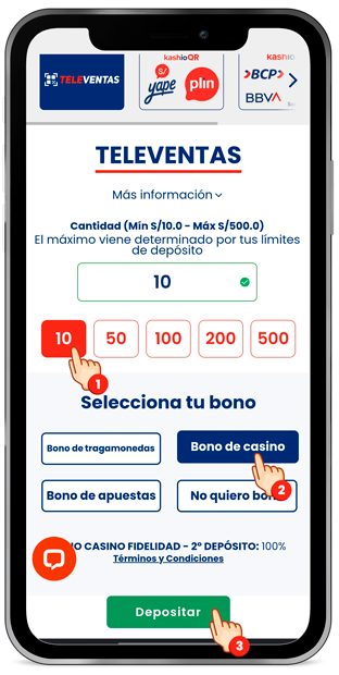 Paso 2: Introducir el importe y seleccionar el bono para depositar con TELEVENTAS